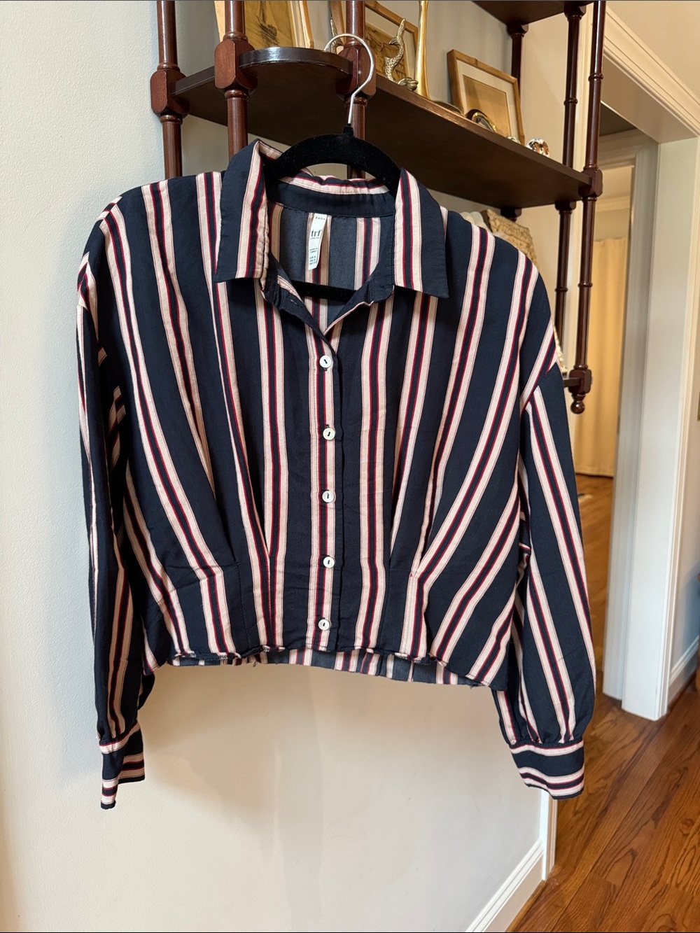Zara TRF Striped Shirt Jacket - Navy, White & Red